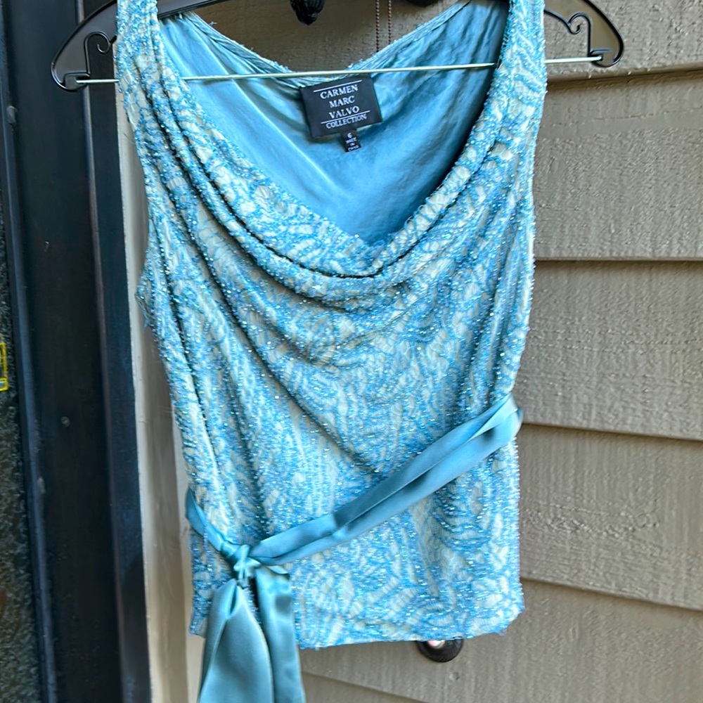Carmen Mar Valvo all beaded evening top&skirt wth satin belt ver well condition